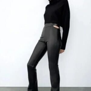 ZARA Cutout Hip Faux Leather High Rise Flared Pants Pullon Back Zip Up XS Black